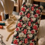 Elegant vintage floral print featuring rich red and ivory blooms on a deep black background.