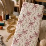 Charming bow print with delicate floral sprigs in soft romantic tones.
