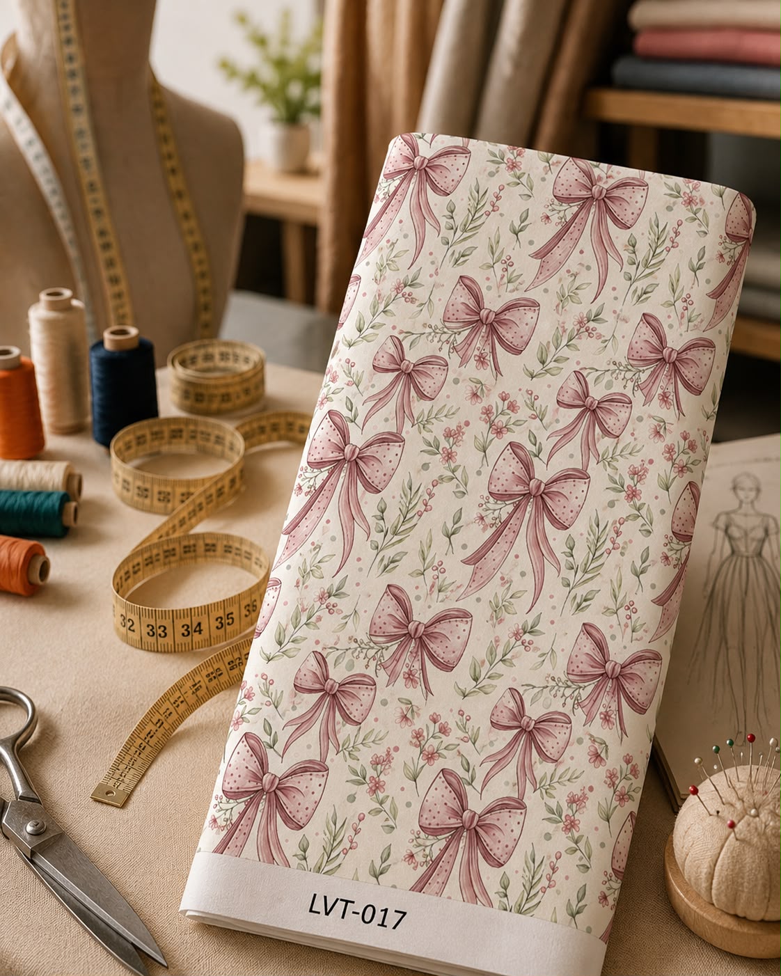 LVT-017 Charming bow print with delicate floral sprigs in soft romantic tones. - الصورة 1