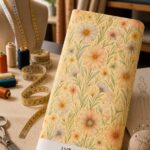 Soft botanical floral print featuring delicate peach and ivory daisies with sage green foliage.