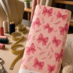 Playful pink bow print with delicate leafy sprigs on a soft blush background.