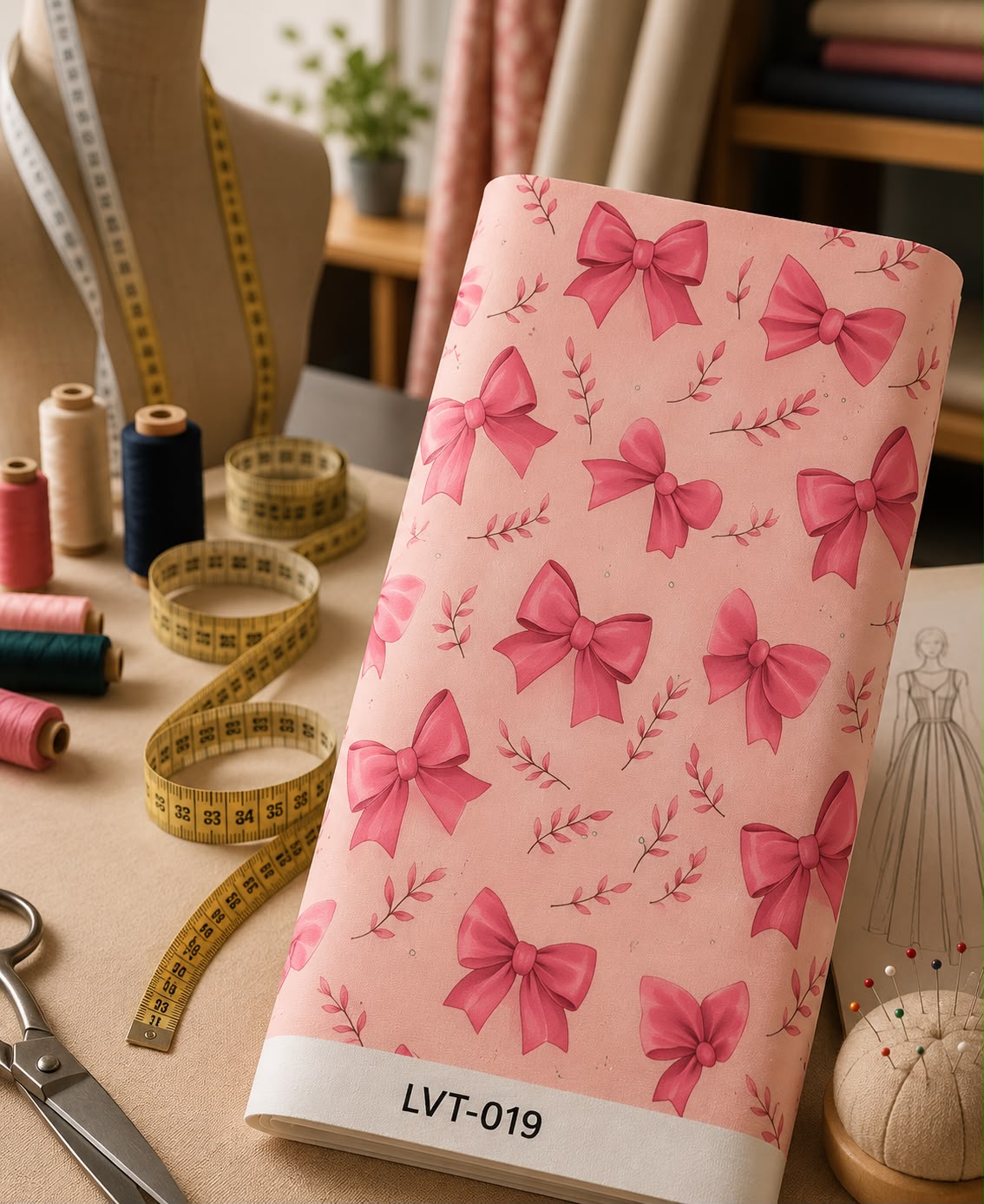 LVT-019 Playful pink bow print with delicate leafy sprigs on a soft blush background. - Image 1