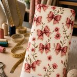Romantic bow and floral print with vintage-inspired details on a soft cream background.