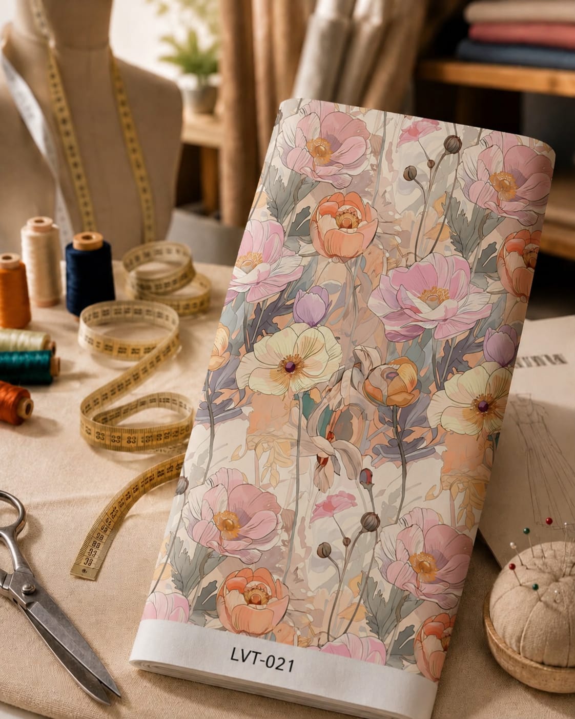 LVT-021 Soft vintage florals in blush pink, peach, and cream tones - الصورة 1