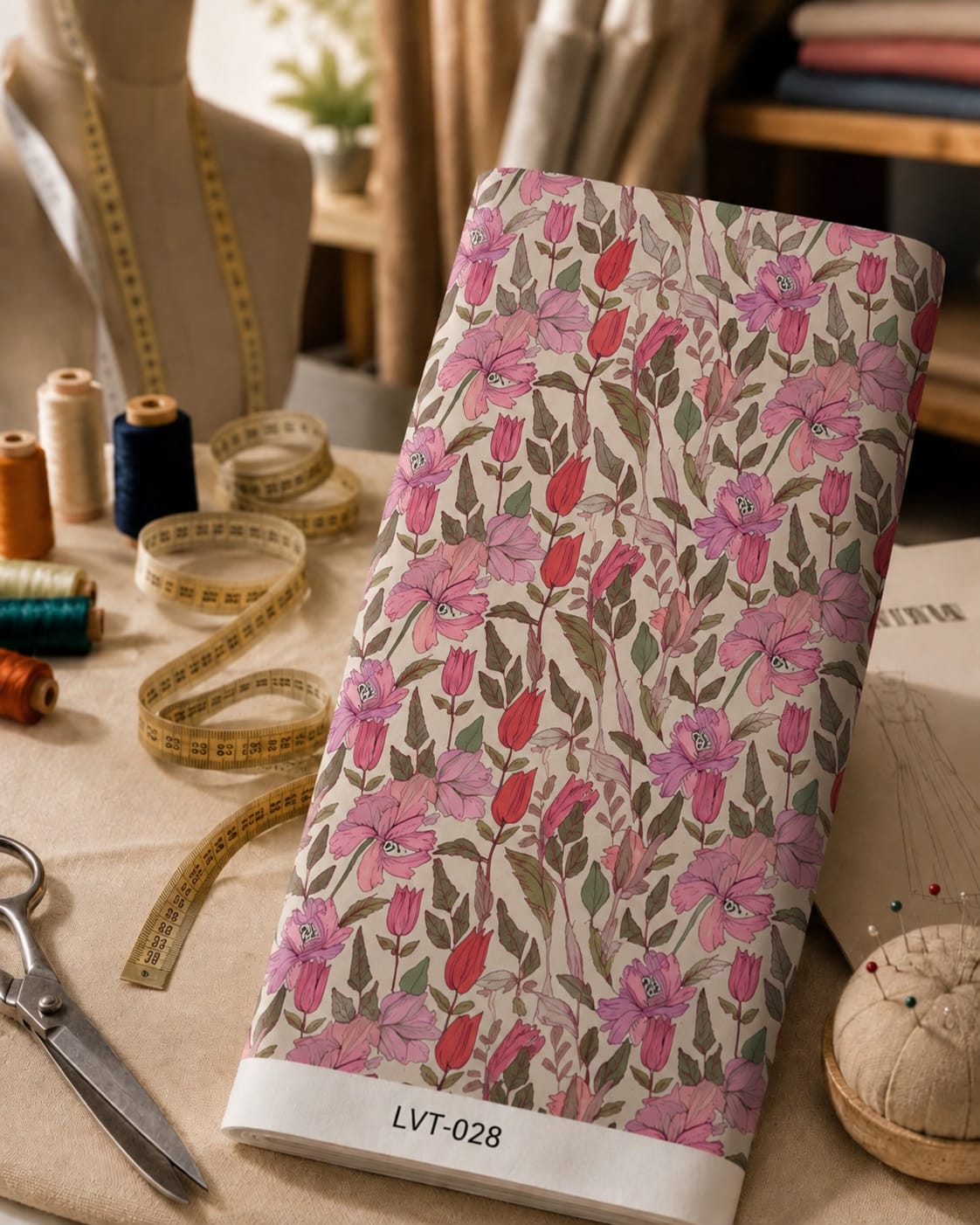 LVT-028 Soft pink and red florals with delicate green leaves on a warm ivory background. - الصورة 1