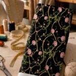 Pink roses and delicate green vines intertwined with elegant gold chains on a black background.