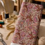 Ornate paisley motifs in warm pink, brown, and coral tones on a soft ivory background.