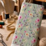 Soft tropical florals in pink and pastel tones on a fresh mint-green background.