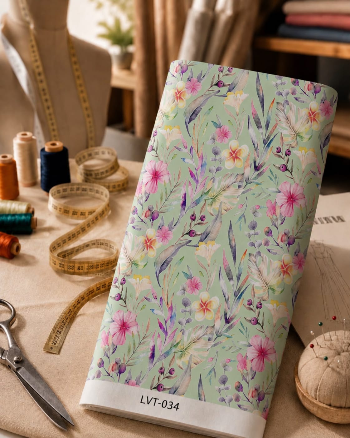 LVT-034 Soft tropical florals in pink and pastel tones on a fresh mint-green background. - الصورة 1
