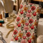 Bold garden florals in rich red, orange and pink tones on a soft cream background.