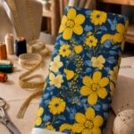 Bold golden florals on a deep navy background with soft blue foliage.