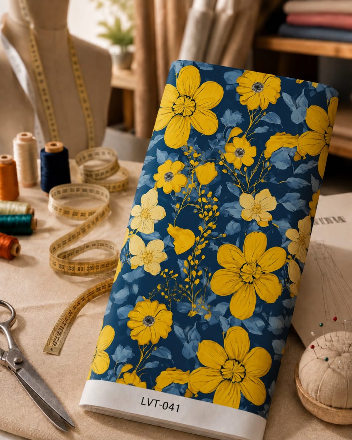 LVT-041 Bold golden florals on a deep navy background with soft blue foliage. - Image 1