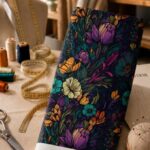 Rich jewel-tone florals in purple, teal and gold on a deep dark background.