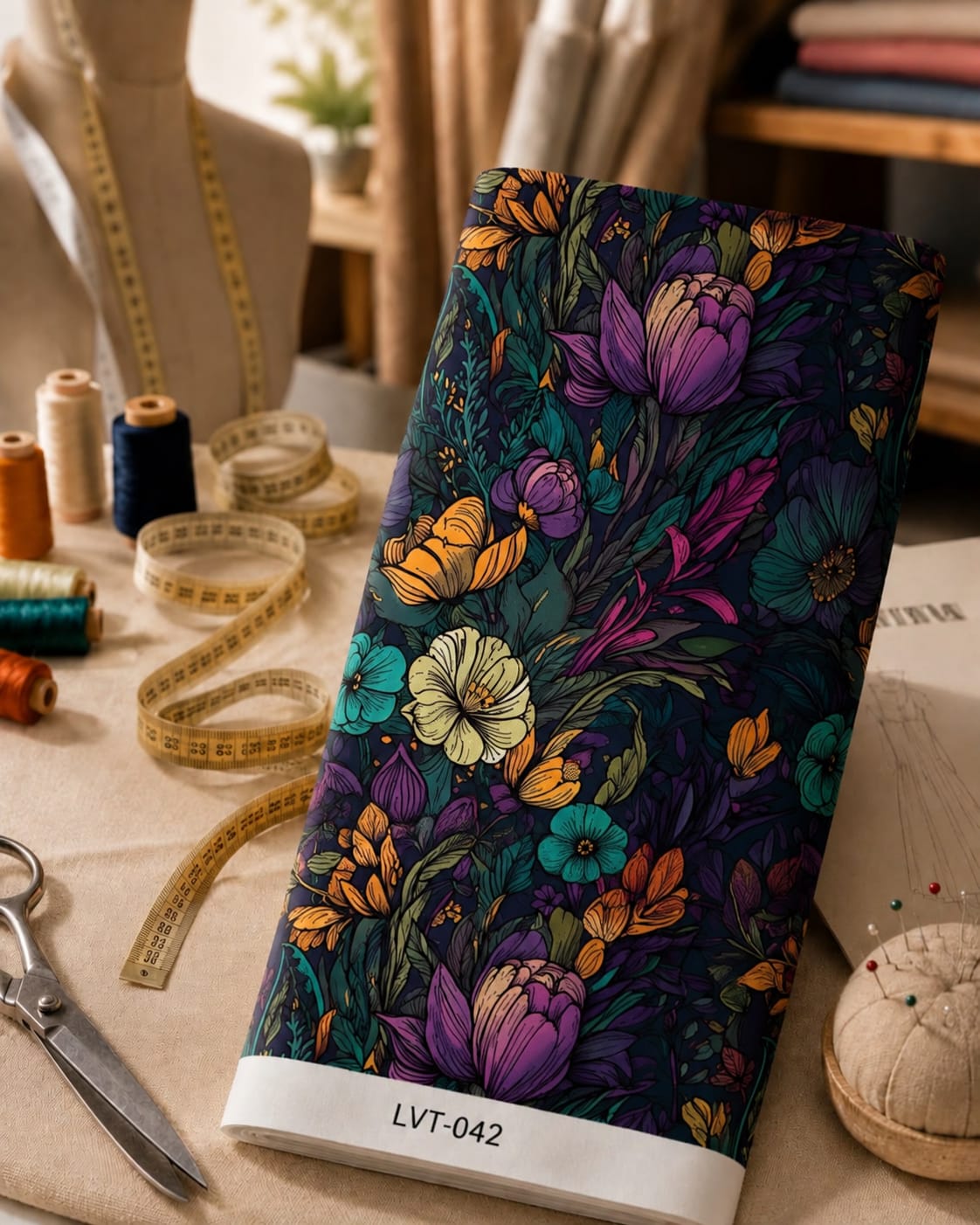 LVT-042 Rich jewel-tone florals in purple, teal and gold on a deep dark background. - الصورة 1