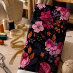 Striking pink florals with burnt-orange accents on a dramatic black background.