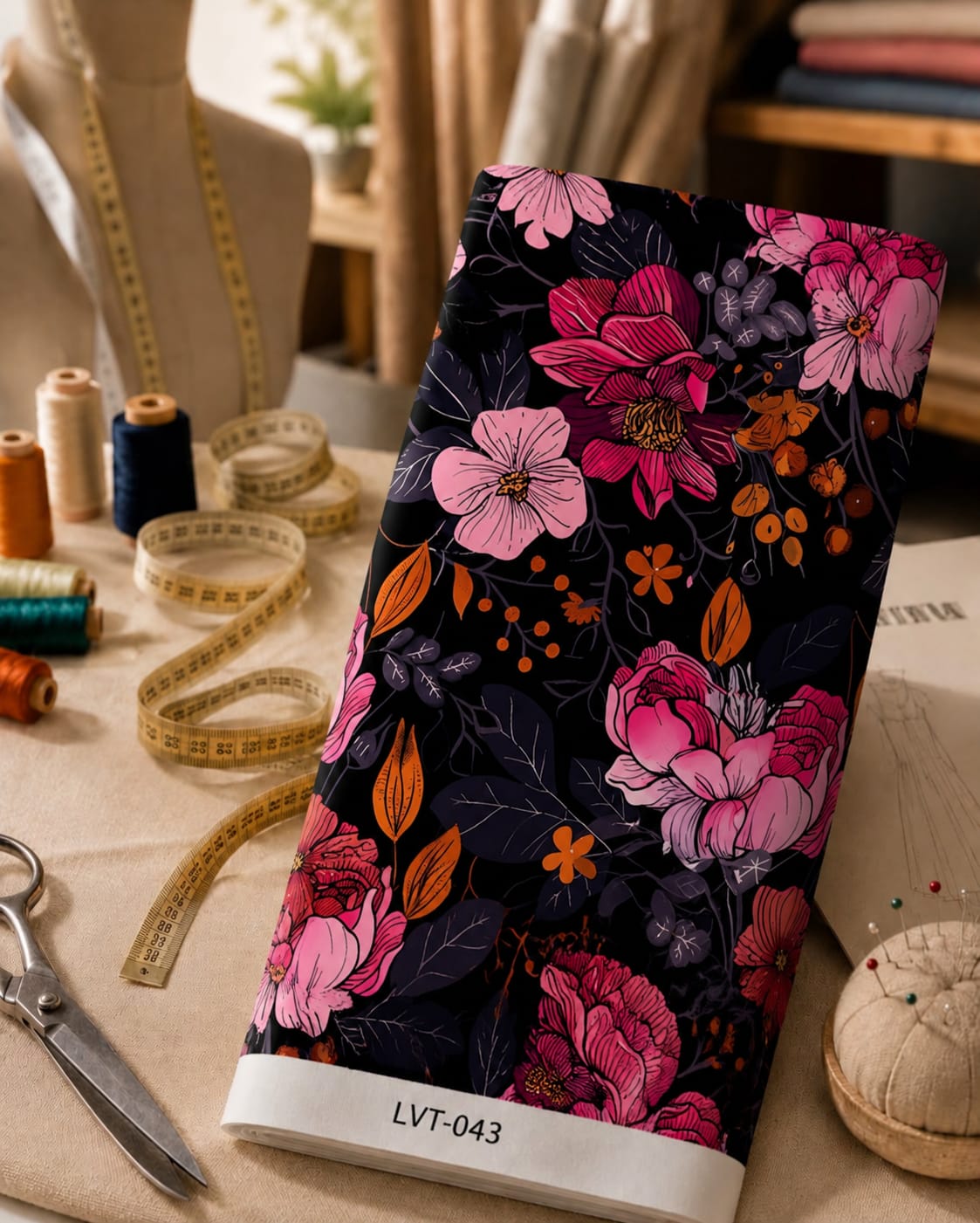 LVT-043 Striking pink florals with burnt-orange accents on a dramatic black background. - Image 1