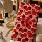 Vibrant red and orange florals on a soft blush-pink background.