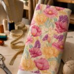 Soft pink, peach, and purple florals with delicate green foliage on a warm ivory background.