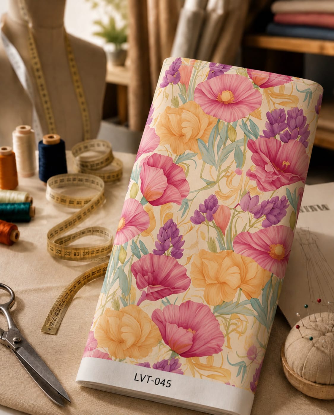 LVT-045 Soft pink, peach, and purple florals with delicate green foliage on a warm ivory background. - الصورة 1