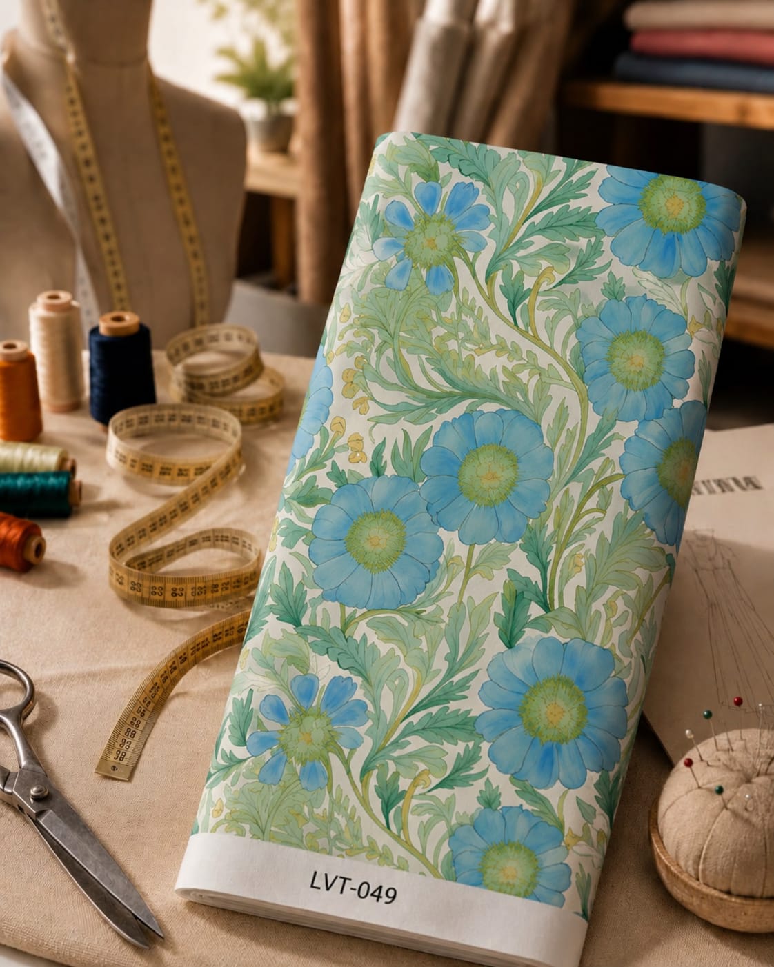 LVT-049 Elegant sky-blue florals surrounded by flowing mint and sage-green foliage on a soft ivory background. - الصورة 1