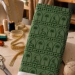 Traditional Arabian-inspired design featuring gazelle and palm tree motifs within repeating arches, presented in deep green on a muted sage background.