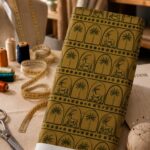 Arabian-inspired pattern featuring gazelle and palm tree motifs framed in repeating arches, in deep olive green over a rich mustard-gold
