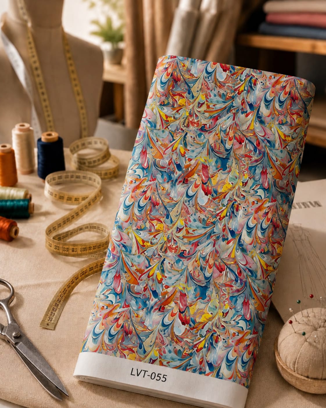 LVT-055 Vibrant marbled pattern with fluid swirls of blue, coral, orange, yellow, and soft pink, creating an artistic and energetic look. - الصورة 1