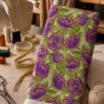Striking purple blossoms with golden accents and fresh green leaves, arranged across a soft sage-green background.