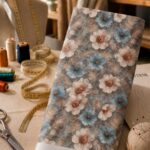 Elegant ivory and dusty blue flowers with delicate bronze-toned foliage, arranged over a soft muted blue-gray background.