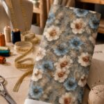 Soft ivory and dusty blue blossoms with warm bronze-brown centers and delicate beige foliage over a muted blue-gray background.