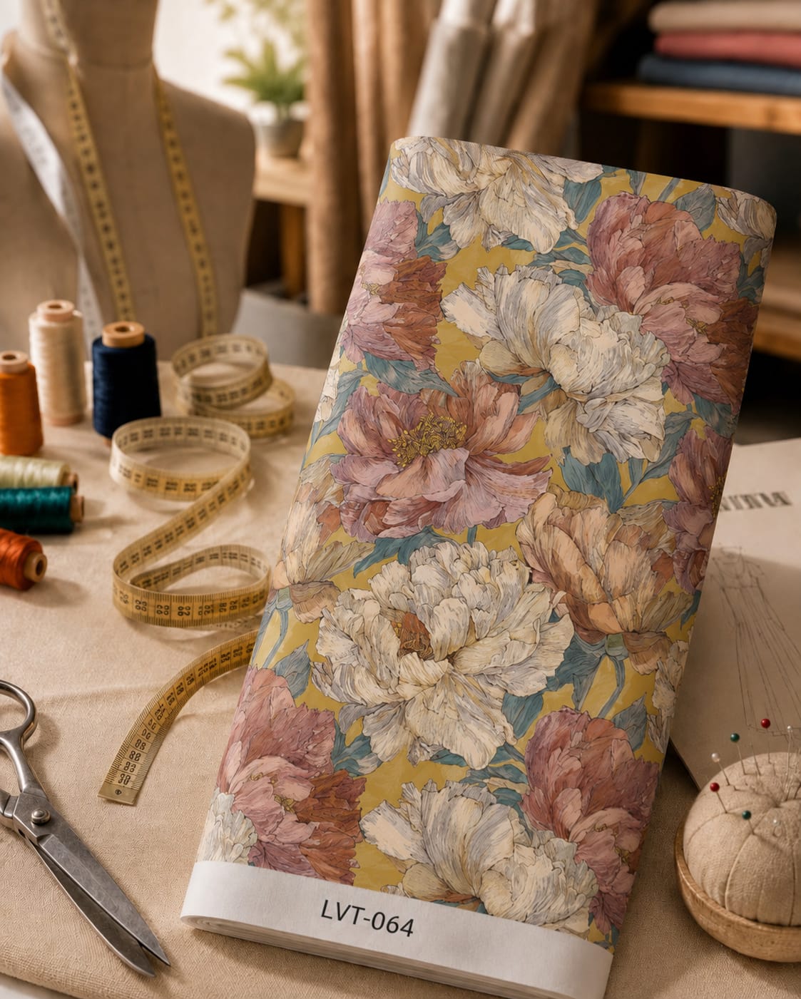 LVT-064 Oversized ivory and dusty rose blooms with muted teal foliage over a warm mustard background. - الصورة 1