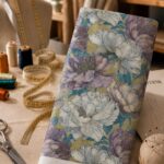 Oversized ivory and dusty lavender blooms with muted teal foliage over a soft mustard background.