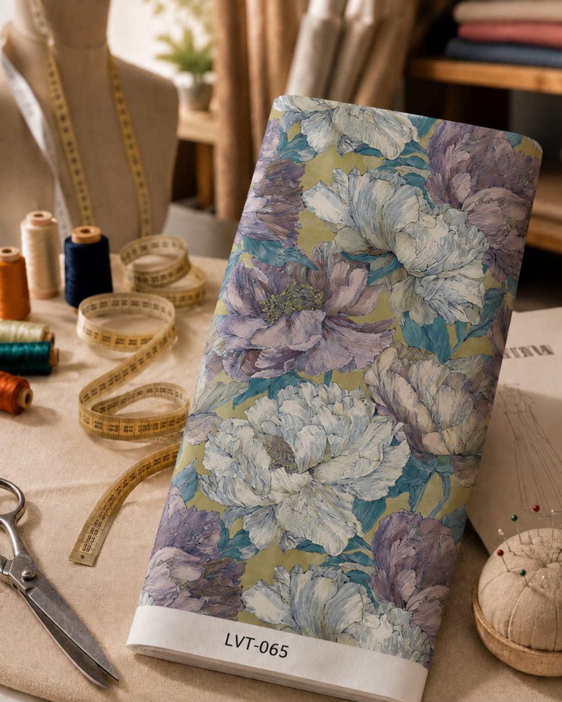 LVT-065 Oversized ivory and dusty lavender blooms with muted teal foliage over a soft mustard background. - الصورة 1