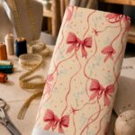Delicate red-pink bows with flowing ribbons, tiny dots, and soft blue botanical accents over a warm cream background.