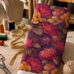 Deep magenta, burgundy, and warm golden blooms layered over a rich plum background with muted bronze foliage.