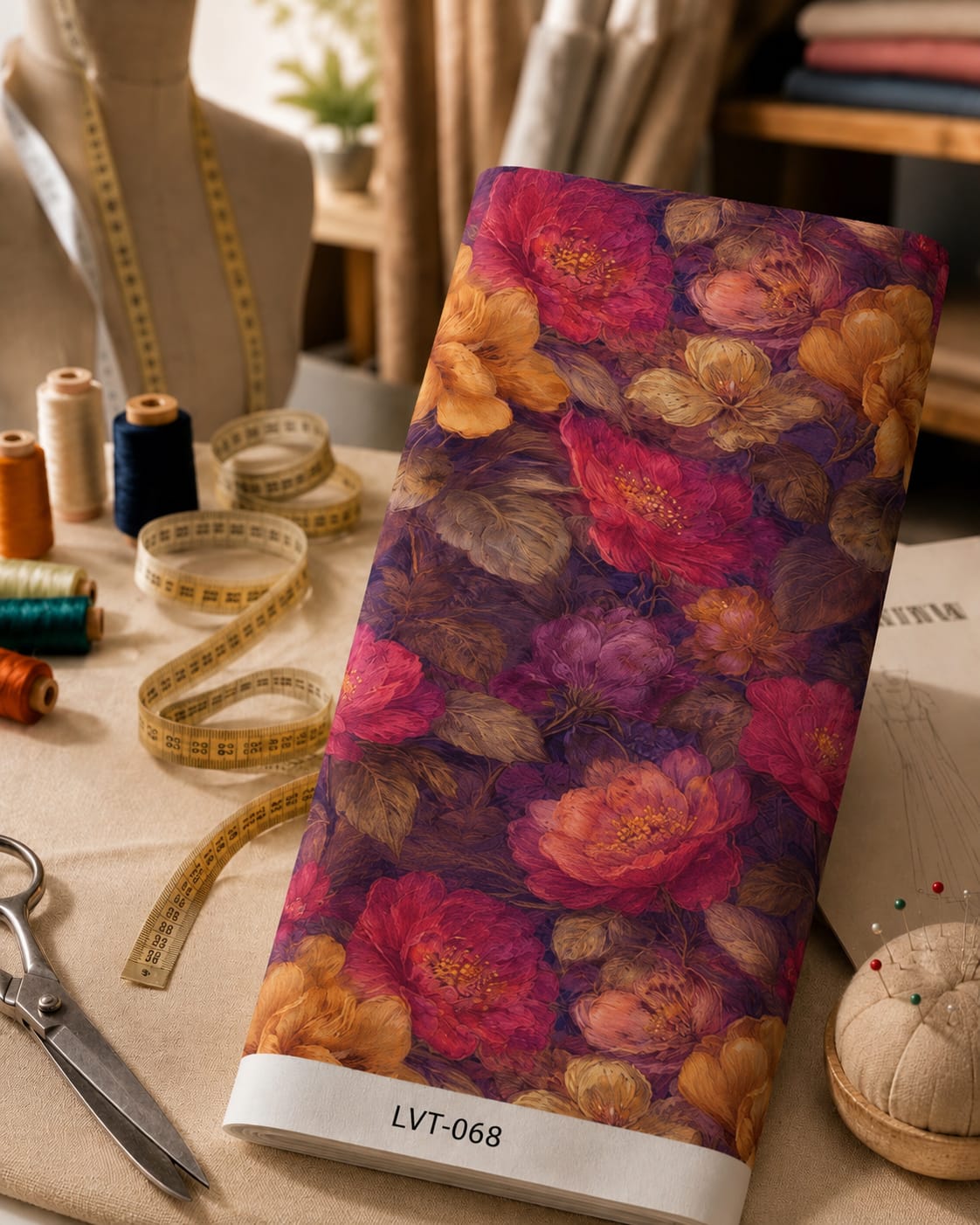 LVT-068 Deep magenta, burgundy, and warm golden blooms layered over a rich plum background with muted bronze foliage. - Image 1