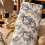 Ornate blue and ivory bows with delicate golden details over a soft cream background.