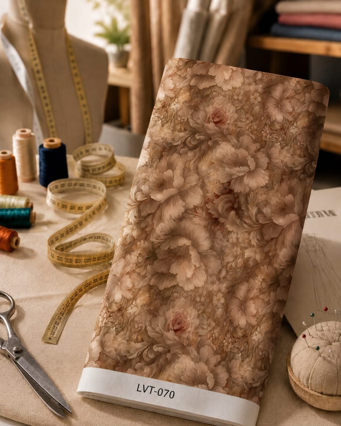 LVT-070 Soft layered florals in warm beige, caramel, and blush tones. - الصورة 1
