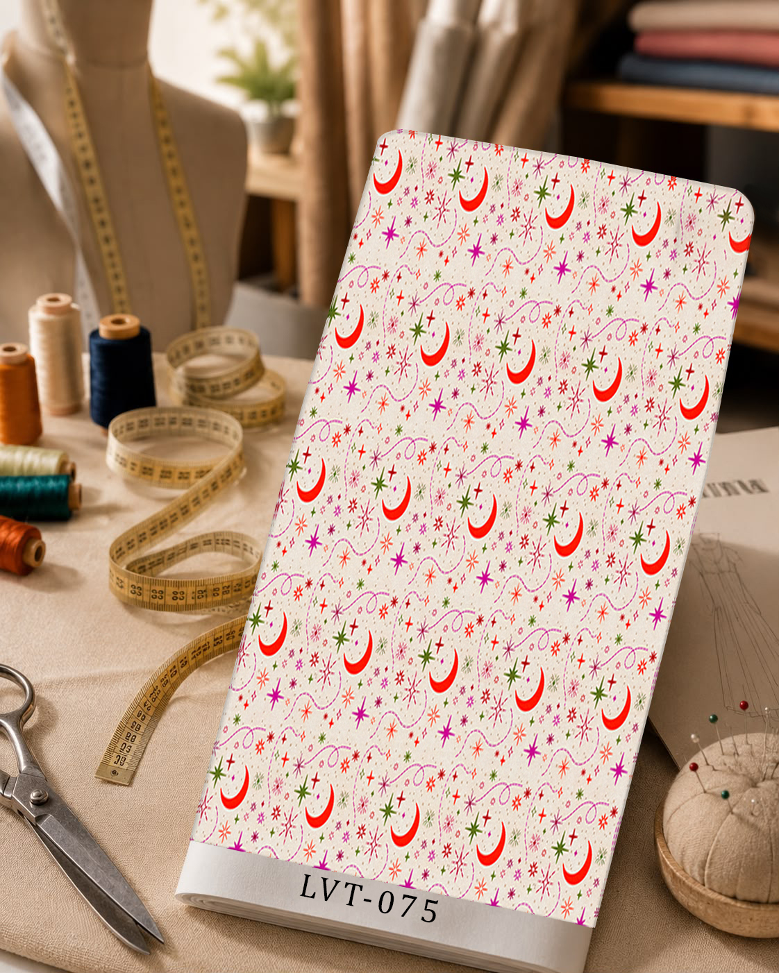 LVT-075 Playful celestial print with red crescent moons, colorful stars, and delicate swirling accents on a soft cream background. - الصورة 1