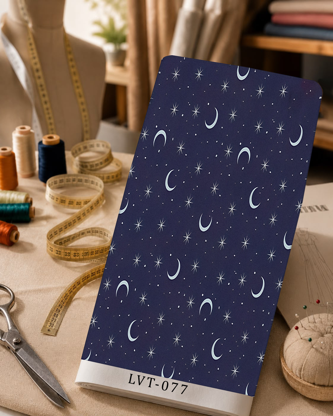 LVT-077 Elegant celestial print with soft crescent moons, delicate stars, and tiny dots on a deep navy background. - الصورة 1