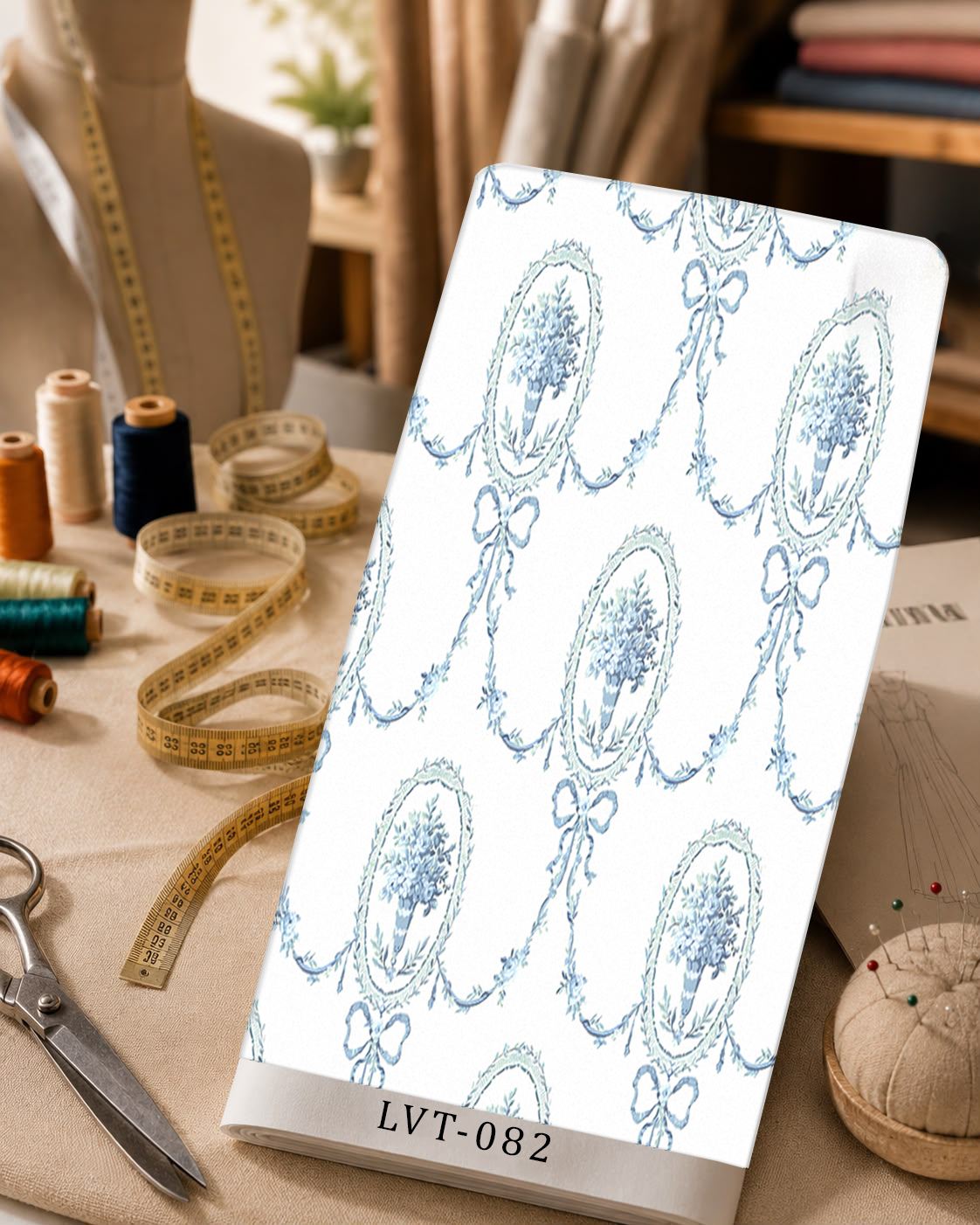 LVT-082 Elegant blue floral medallions with delicate bows and ornamental garlands on a clean white background. - الصورة 1
