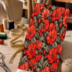 Vibrant red floral print with muted olive-green leaves on a deep dark background.