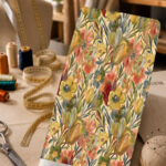Artistic multicolor floral print with soft peach, yellow, green, and blue tones on a warm cream background.