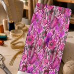 Vibrant pink and purple floral print with soft green accents on a pale pink background.
