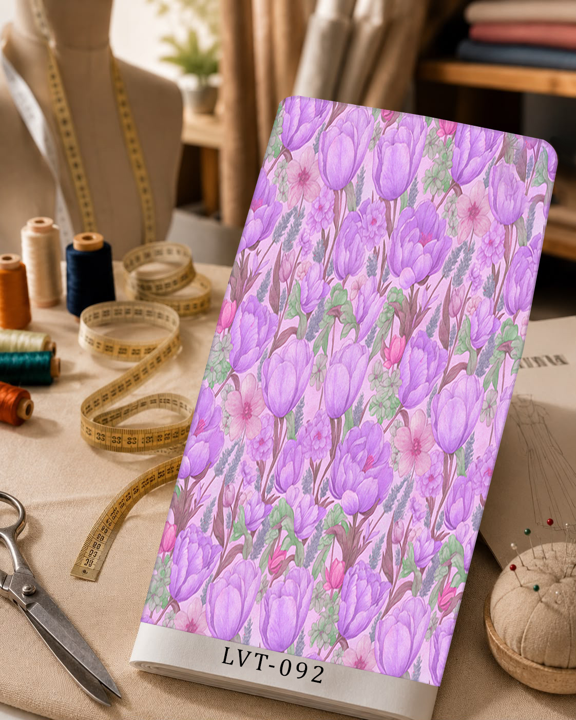 LVT-092 Soft lavender tulip floral print with pink blossoms and fresh green accents on a pale pink background. - Image 1
