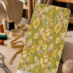 Elegant cream and soft lilac floral print with muted green leaves on a warm mustard background.