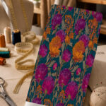 Bold magenta and burnt-orange floral print on a deep teal background with muted botanical leaves.