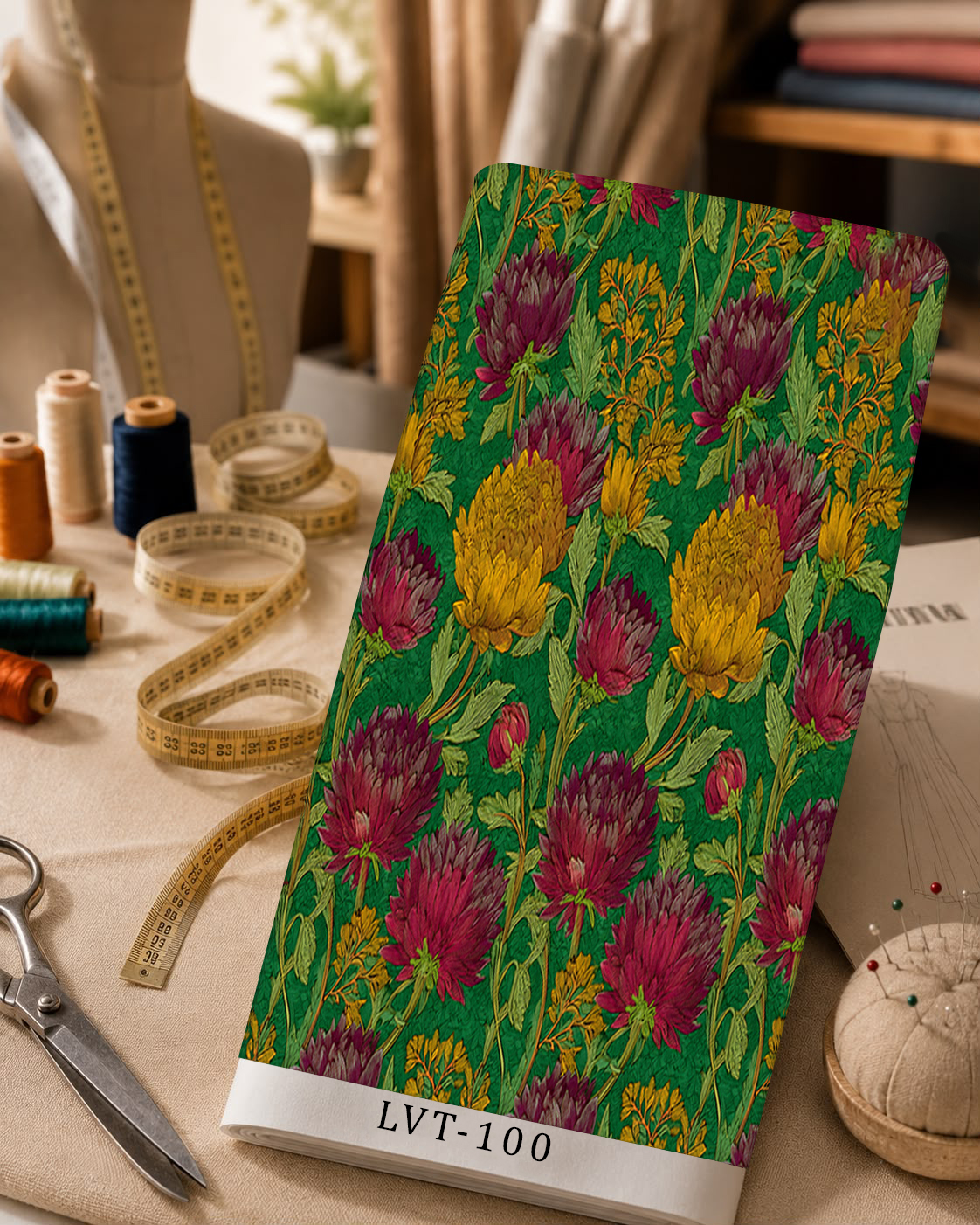 LVT-100 Rich burgundy and golden floral print with soft green foliage on a deep emerald background. - الصورة 1