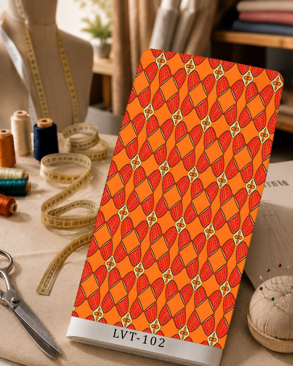 LVT-102 Vibrant orange geometric print with repeating red diamond and petal motifs. - الصورة 1