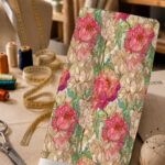 Elegant pink and ivory peony floral print with soft green foliage on a warm beige background.